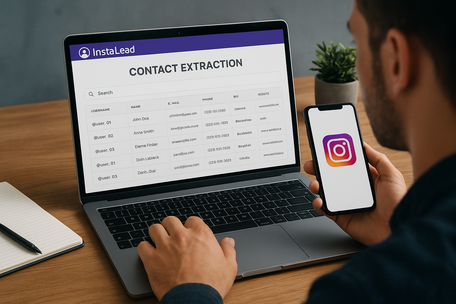 Profissional usando o InstaLead para extrair contatos do Instagram e gerar leads qualificados.