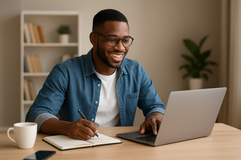 Homem sorridente trabalhando em laptop e fazendo anotações em caderno.