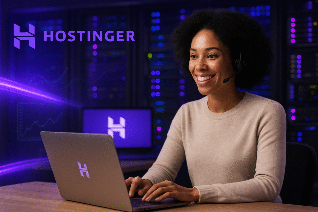 Profissional usando notebook com headset diante de servidores; logo da Hostinger.