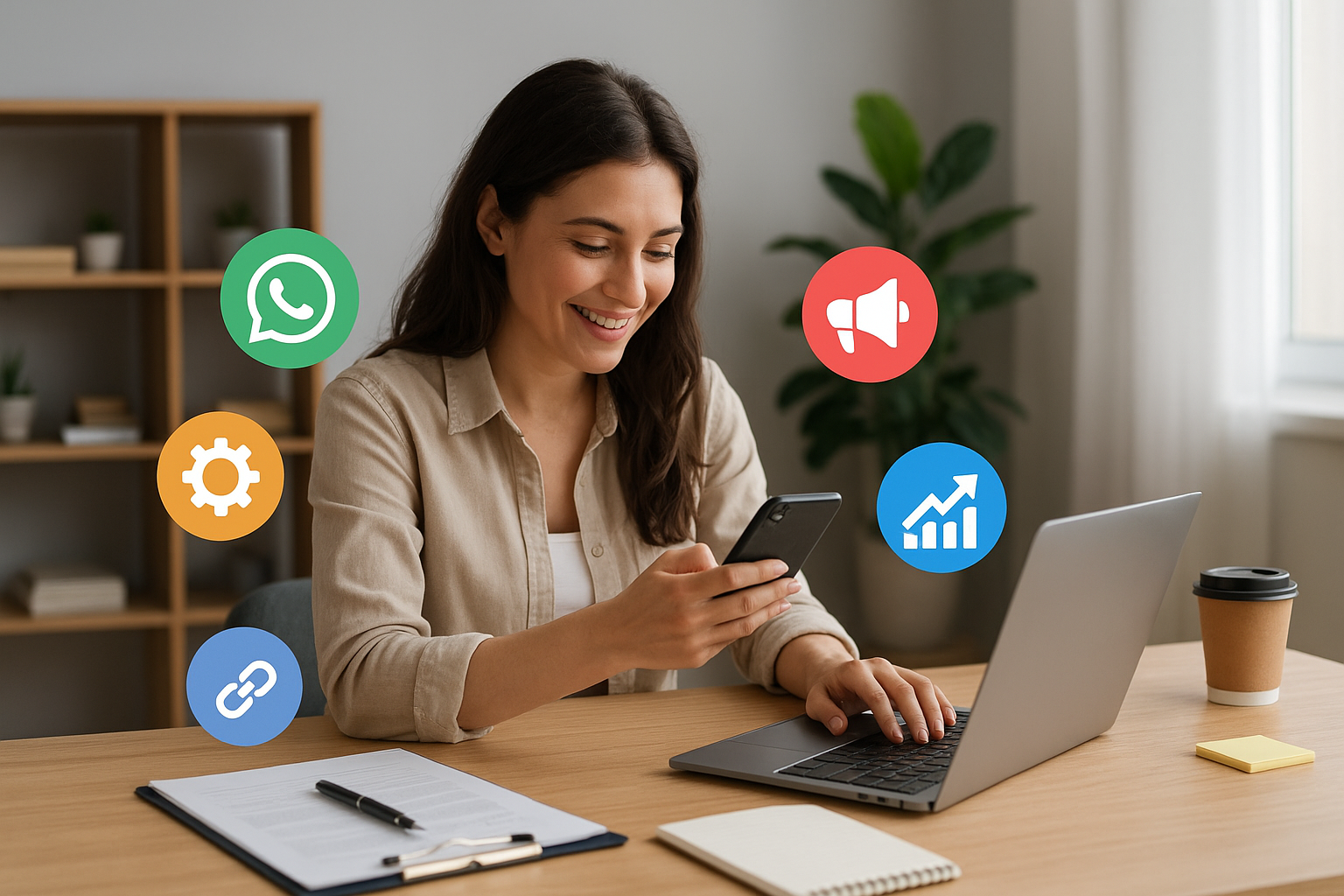 Mulher usando celular e notebook com ícones de marketing digital.