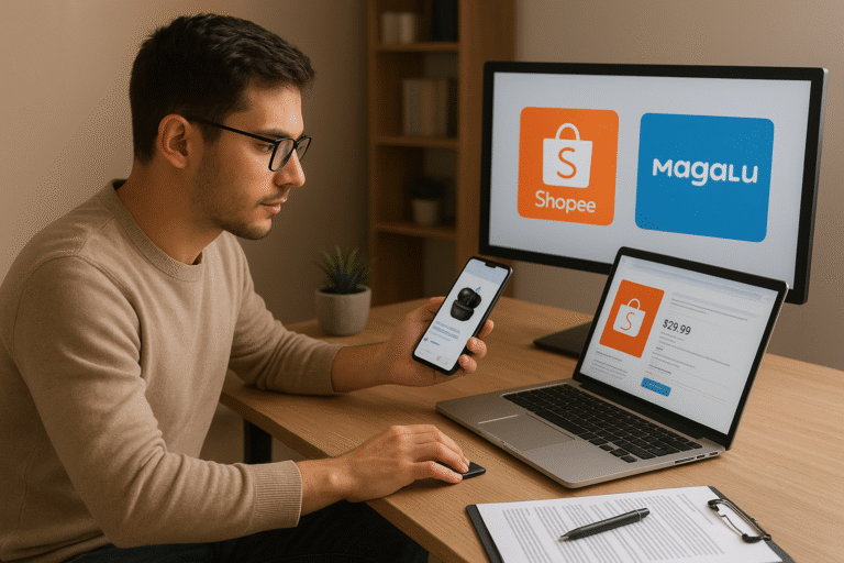 Afiliado analisando produtos da Shopee e Magalu no notebook e celular. IA Divulgadora para Afiliados