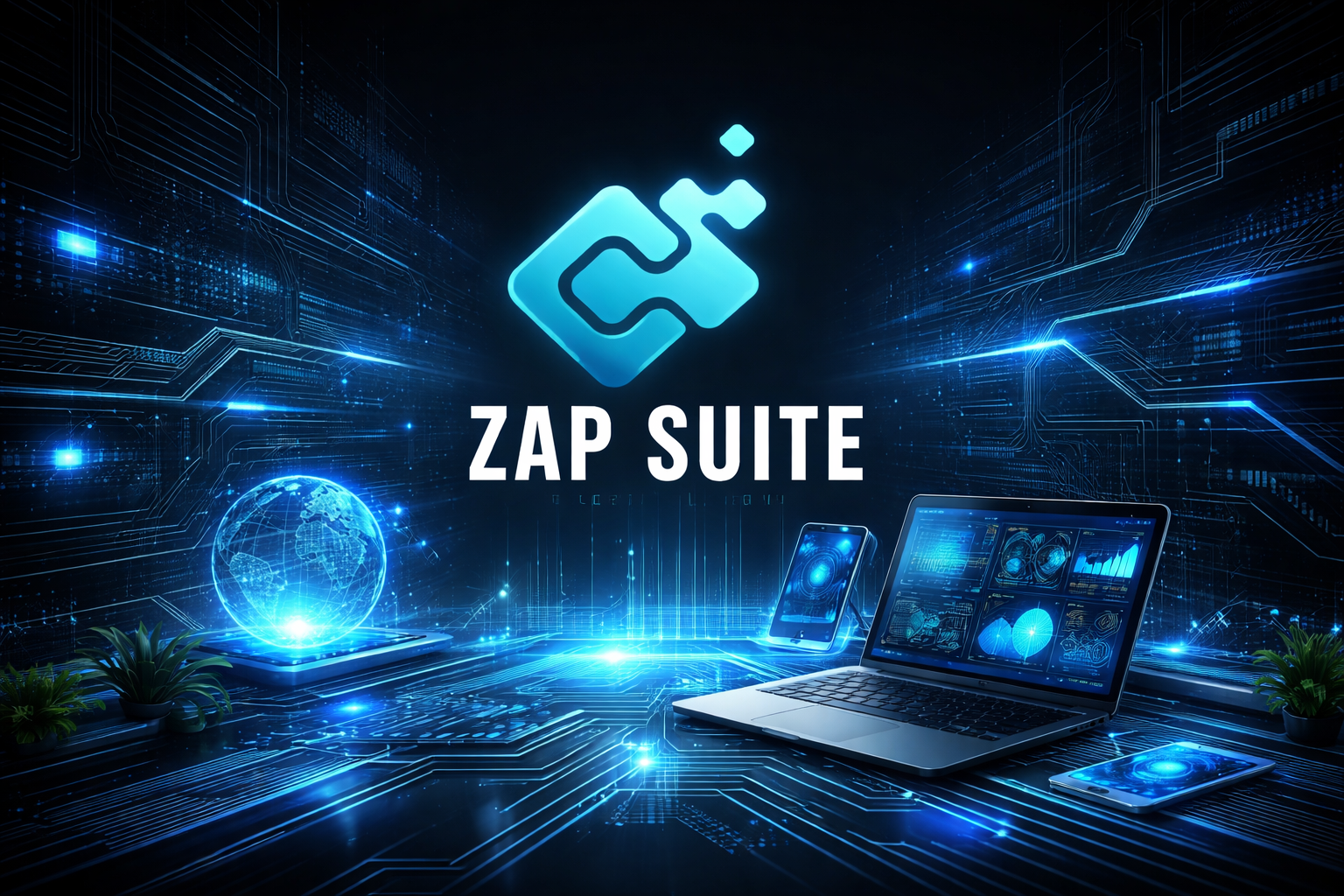 Plataforma Zap Suite Technology exibida em ambiente digital futurista com laptop, smartphone e interface holográfica azul.