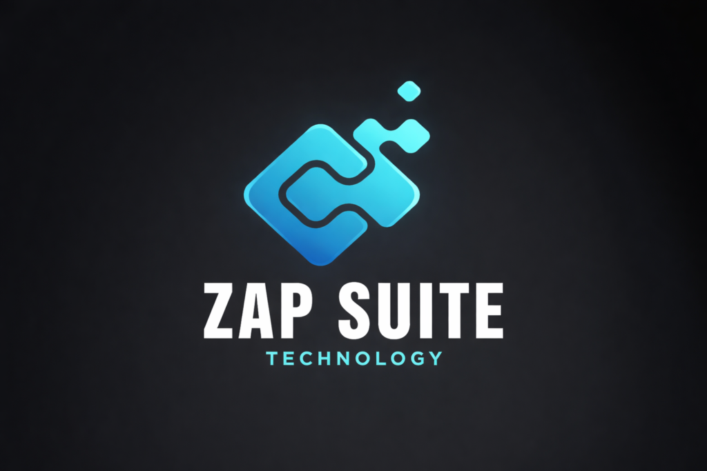 Logo Zap Suite Technology em fundo escuro com símbolo azul em degradê e tipografia moderna centralizada.