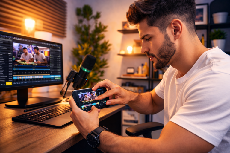 Homem editando cortes de vídeo no celular em home office com computador ao fundo