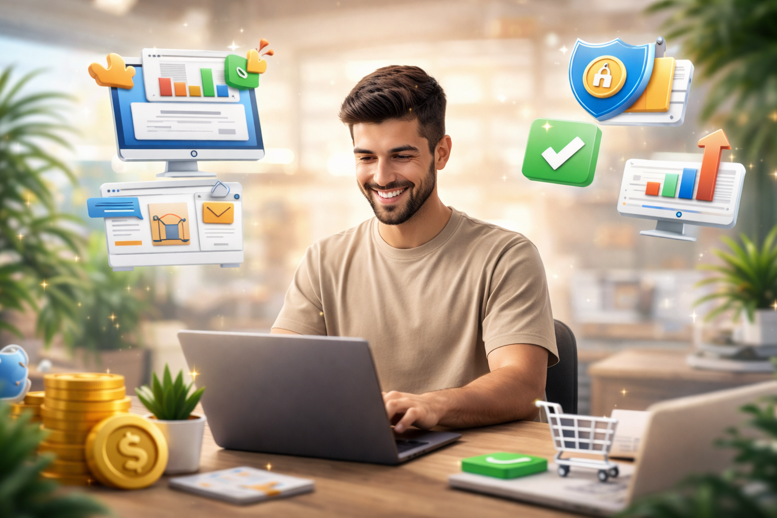 Jovem homem sorrindo enquanto trabalha em um laptop, cercado por ícones digitais relacionados a vendas online, marketing e finanças, com uma atmosfera profissional e moderna.