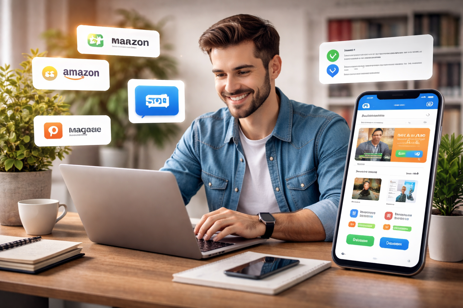 "Homem jovem trabalhando em marketing de afiliados, com laptop, smartphone, e ícones flutuantes das plataformas Amazon, Mercado Livre e Magalu."