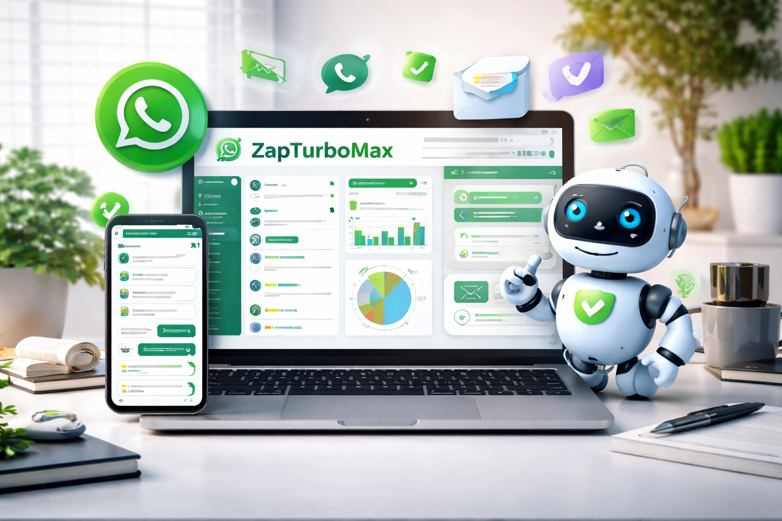 Imagem promocional do ZapTurboMax, uma ferramenta de automação para WhatsApp. A imagem mostra um laptop com a interface da ferramenta, gráficos e mensagens automatizadas, além de um smartphone com uma conversa aberta. O cenário é moderno, com ícones do WhatsApp e um robô assistente.