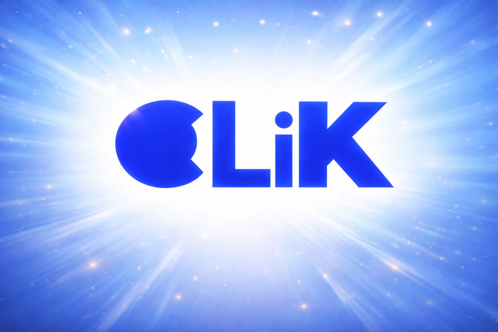 Logo do Clik, em azul, brilhando em um fundo radiante com feixes de luz.