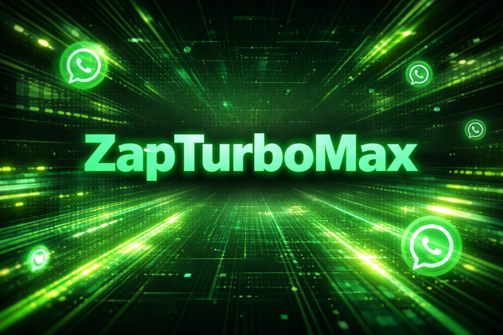 ZapTurboMax em verde neon, com ícones do WhatsApp e efeitos futuristas em fundo digital.