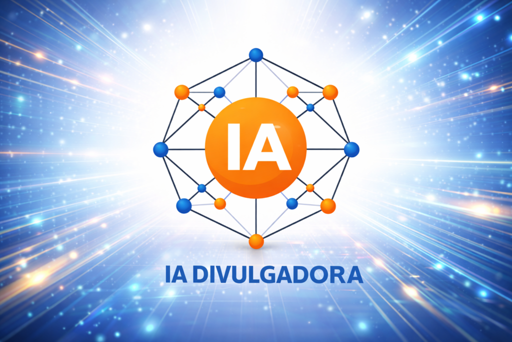 Logo da IA DIVULGADORA com um círculo laranja e "IA" em branco, conectados por uma rede de nós azuis e laranja, em um fundo iluminado.