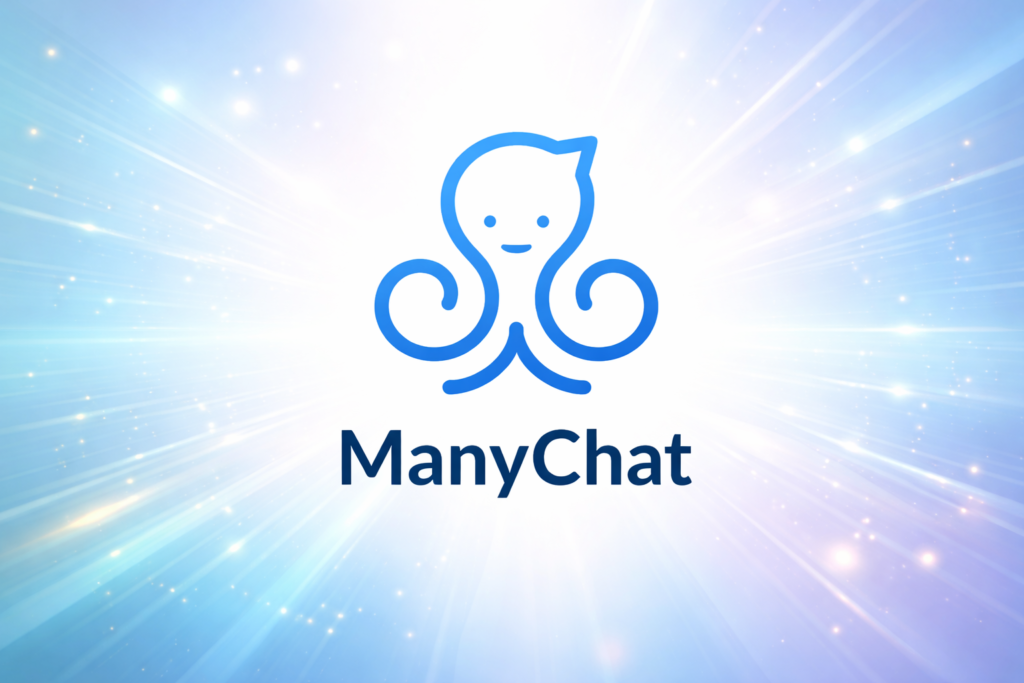 Logo do ManyChat com um polvo estilizado em azul e o nome abaixo em letras maiúsculas.