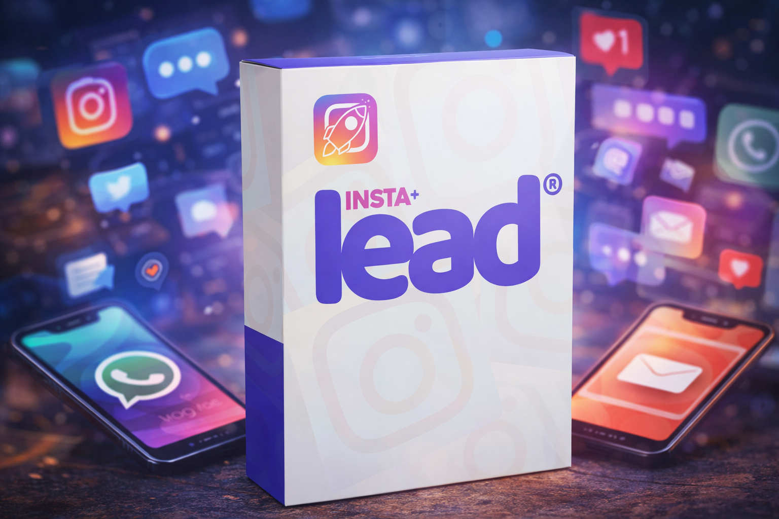 Software de geração de leads para Instagram exibido em caixa digital com ícones de redes sociais ao fundo