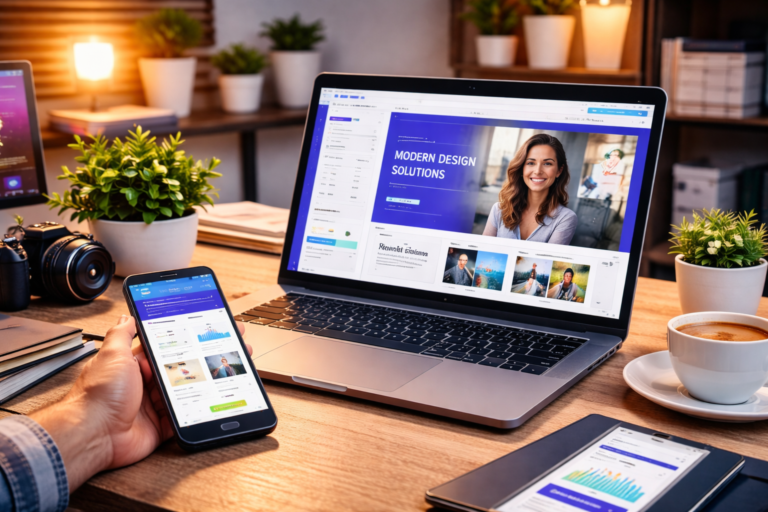 Notebook exibindo criador de sites e painel de hospedagem enquanto pessoa utiliza celular em ambiente de trabalho