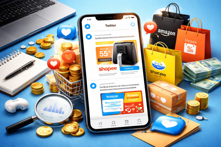 Estratégia de afiliados no Twitter mostrando smartphone com ofertas online, compras digitais e análise de vendas.