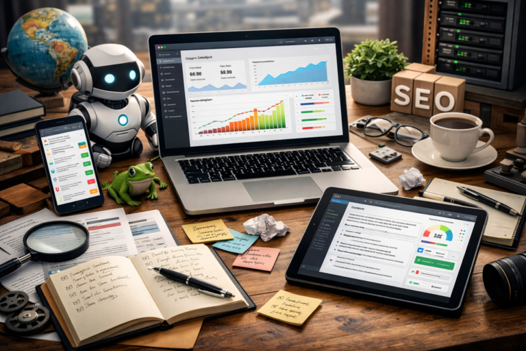 Mesa de trabalho com laptop exibindo gráficos de crescimento de tráfego orgânico, tablet e smartphone com dashboards de SEO, representando automação, análise de dados e estratégias de marketing digital.