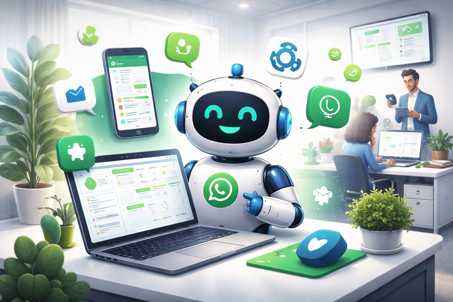 Robô assistente automatizando atendimento no WhatsApp em um escritório moderno com laptop, smartphone e ícones de mensagens e integrações digitais.