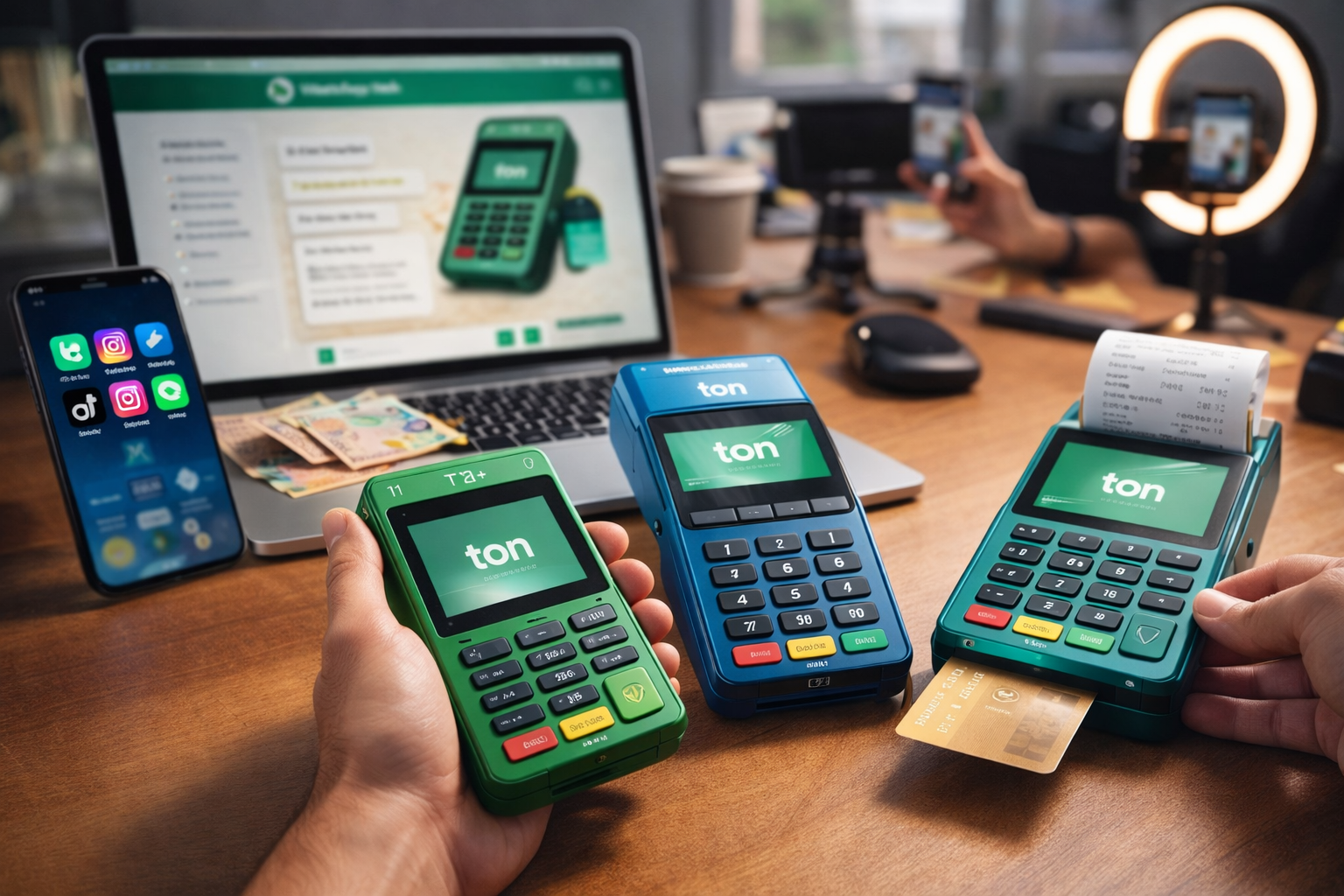 Empreendedor mostrando maquininhas de cartão Ton enquanto grava conteúdo para redes sociais com smartphone e ring light em um ambiente de trabalho digital.