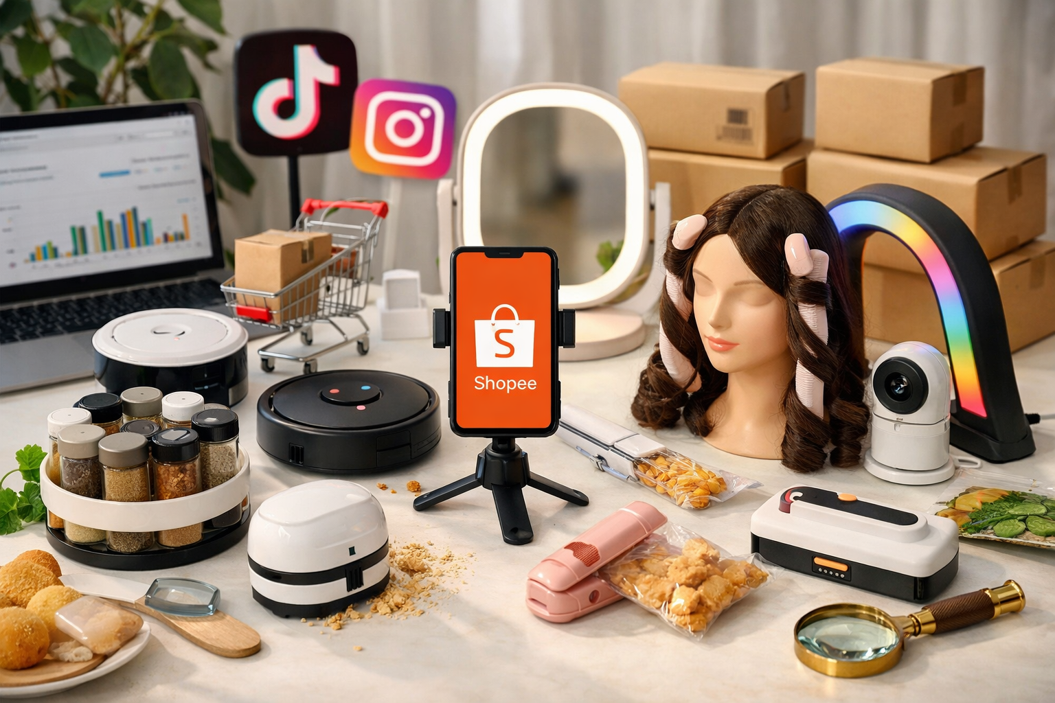 Produtos populares de e-commerce e gadgets domésticos exibidos sobre uma mesa com smartphone mostrando aplicativo de compras, representando achadinhos virais usados em marketing de afiliados.