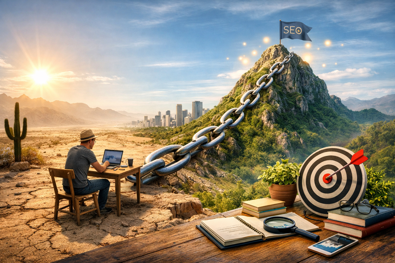Blogueiro trabalhando em um laptop no deserto enquanto uma grande corrente liga seu trabalho a uma montanha com bandeira simbolizando crescimento de SEO e conquista de backlinks.