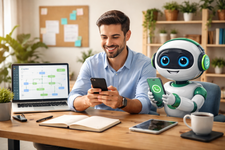 Empreendedor utilizando laptop e smartphone enquanto configura um chatbot de atendimento automático no WhatsApp com um assistente virtual robô ao lado em um escritório moderno.