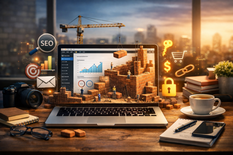 Laptop exibindo painel de blog sendo construído como uma estrutura de tijolos por pequenos trabalhadores, com ícones de SEO, links, vendas e segurança representando a construção de um blog profissional.