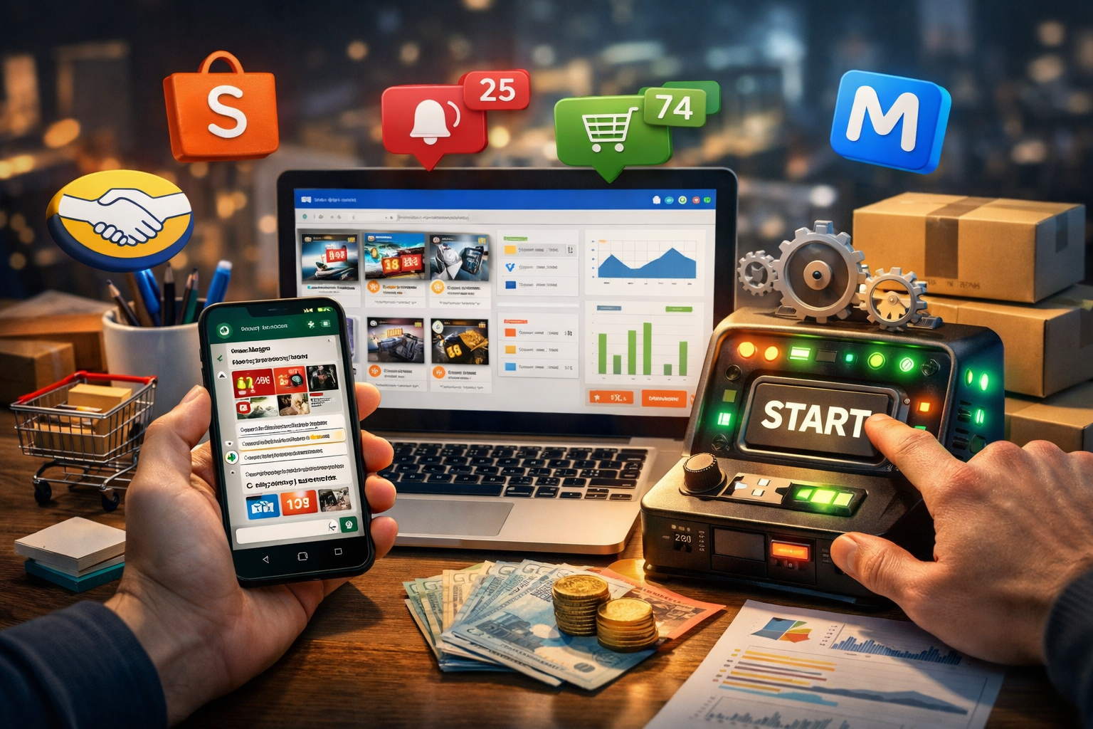 Afiliado usando smartphone e laptop para automatizar envio de ofertas em grupos de WhatsApp enquanto monitora vendas e notificações de e-commerce.