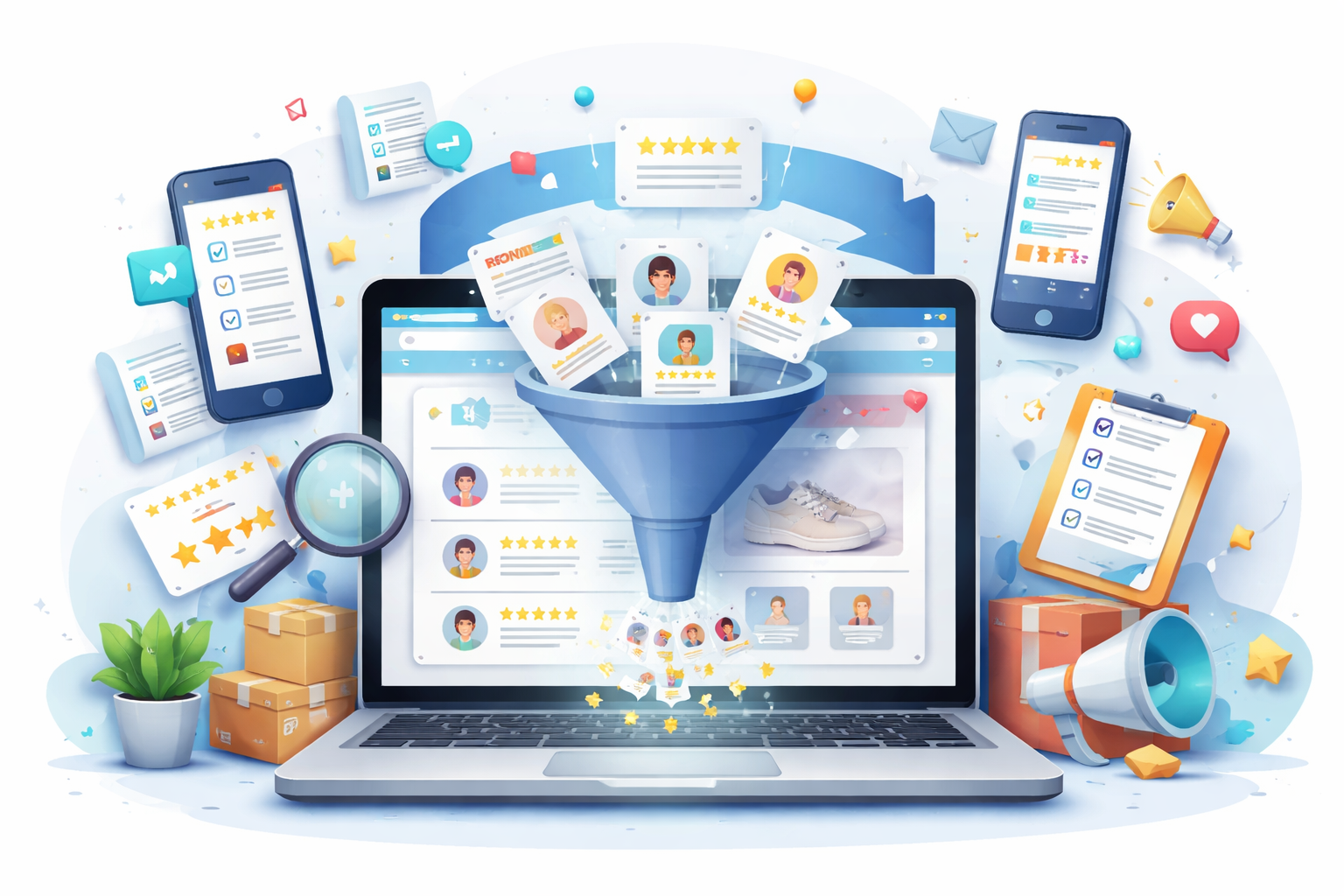 Ilustração de laptop exibindo página de produto com avaliações de clientes e estrelas enquanto reviews são importadas automaticamente de diferentes plataformas de e-commerce.