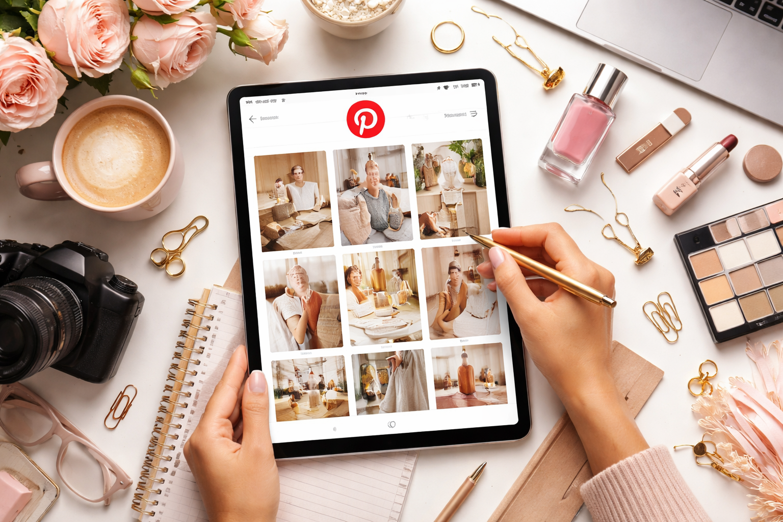 Pessoa utilizando smartphone e notebook com interface do Pinterest aberta, analisando produtos e estratégias de vendas online em um ambiente moderno e bem iluminado.