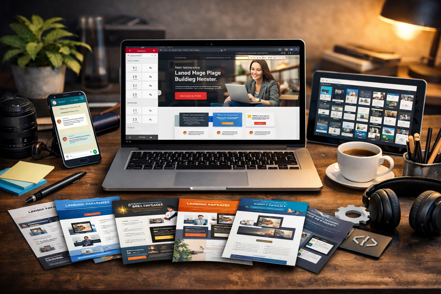Workspace com laptop exibindo editor de landing pages, tablet com vários templates e smartphone com WhatsApp, representando criação rápida de páginas para marketing digital.