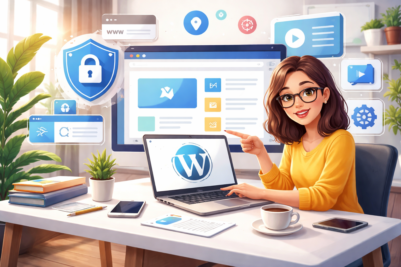 Pessoa criando um site em WordPress no computador com ícones de segurança, hospedagem e ferramentas de criação de sites.