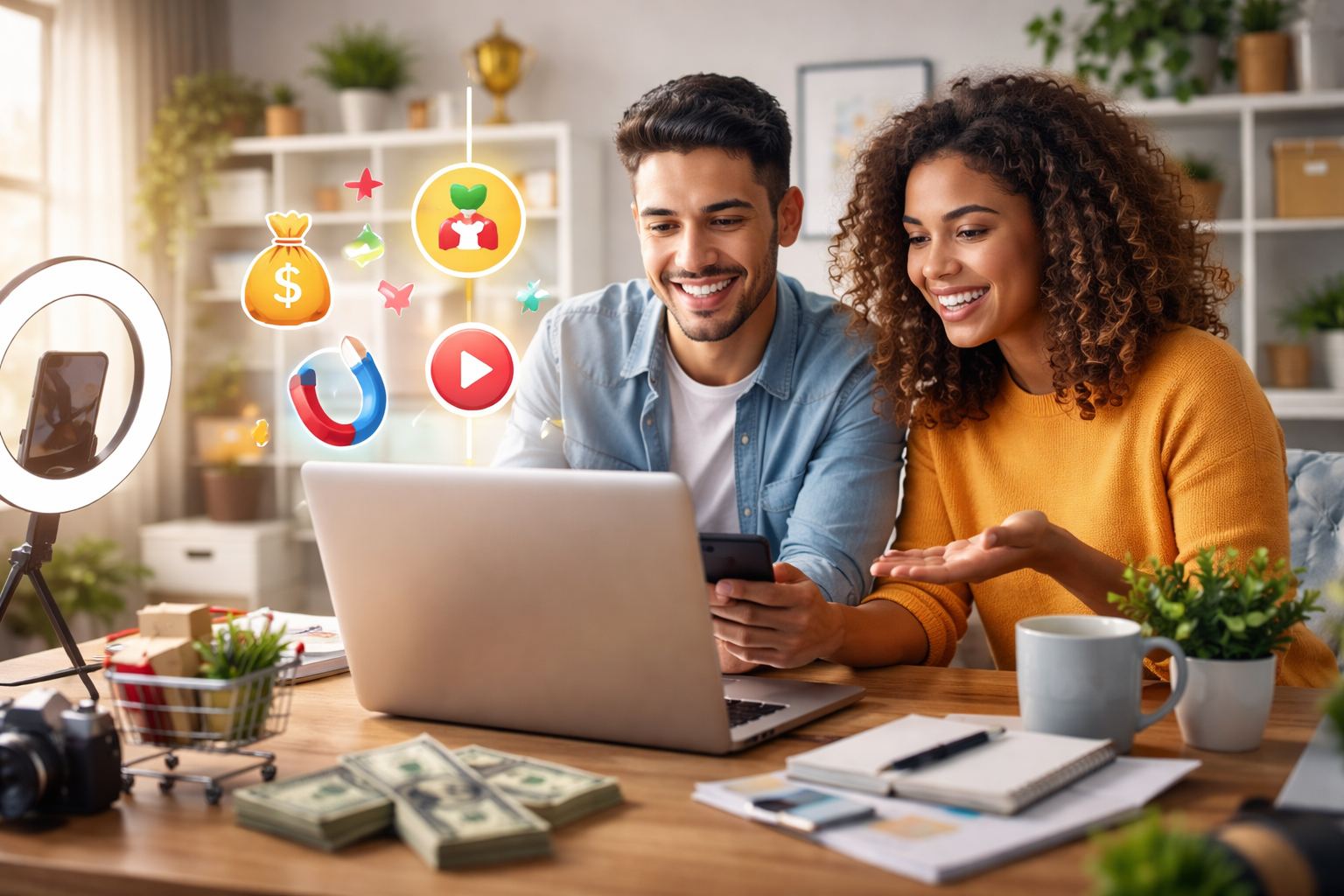 Pessoa usando notebook e celular enquanto aprende formas de ganhar dinheiro online em um ambiente de trabalho digital.