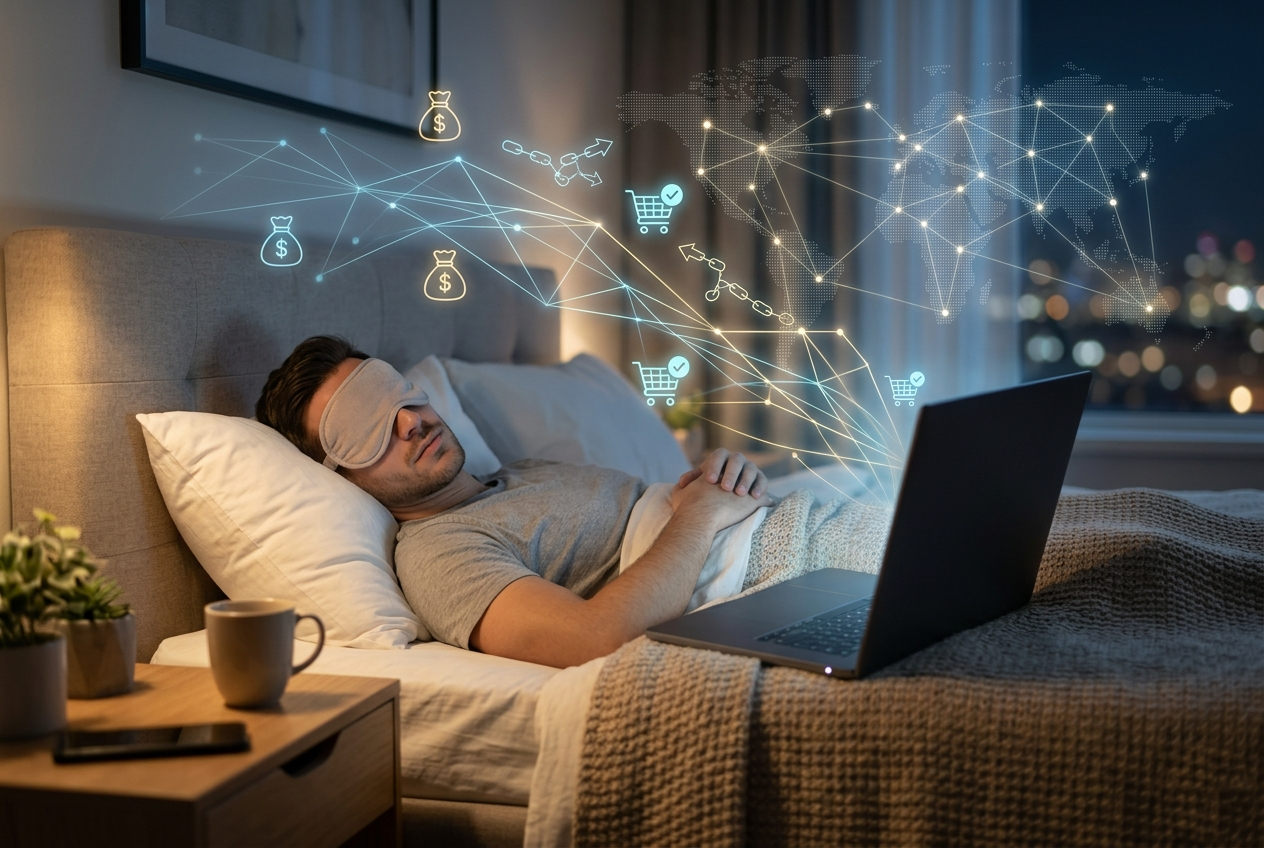 Homem dormindo tranquilamente em uma cama com máscara de descanso, enquanto hologramas azuis de conexões de rede, ícones de cifrão e carrinhos de compras flutuam sobre um notebook aberto, simbolizando vendas automáticas na internet.