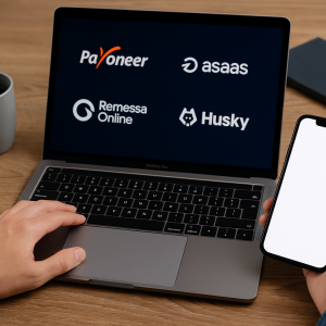 Pessoa usando notebook e smartphone com logotipos de plataformas financeiras como Payoneer, Asaas, Remessa Online e Husky.