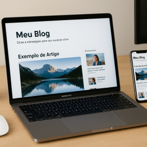 Laptop e smartphone exibindo o layout limpo de um blog com o título "Meu Blog" e um artigo de paisagem, ao lado de uma planta.