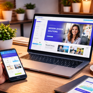 Notebook exibindo criador de sites e painel de hospedagem enquanto pessoa utiliza celular em ambiente de trabalho