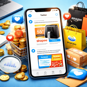 Estratégia de afiliados no Twitter mostrando smartphone com ofertas online, compras digitais e análise de vendas.