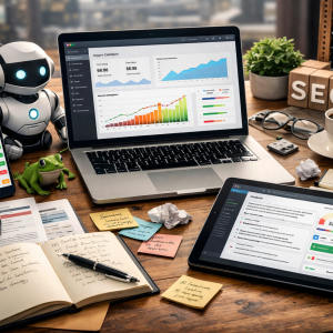 Mesa de trabalho com laptop exibindo gráficos de crescimento de tráfego orgânico, tablet e smartphone com dashboards de SEO, representando automação, análise de dados e estratégias de marketing digital.
