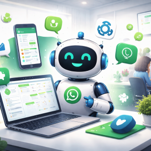 Robô assistente automatizando atendimento no WhatsApp em um escritório moderno com laptop, smartphone e ícones de mensagens e integrações digitais.