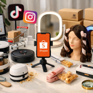 Produtos populares de e-commerce e gadgets domésticos exibidos sobre uma mesa com smartphone mostrando aplicativo de compras, representando achadinhos virais usados em marketing de afiliados.