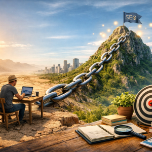 Blogueiro trabalhando em um laptop no deserto enquanto uma grande corrente liga seu trabalho a uma montanha com bandeira simbolizando crescimento de SEO e conquista de backlinks.