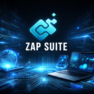Plataforma Zap Suite Technology exibida em ambiente digital futurista com laptop, smartphone e interface holográfica azul.