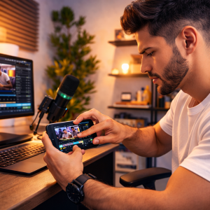Homem editando cortes de vídeo no celular em home office com computador ao fundo
