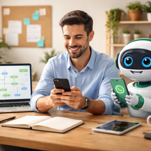 Empreendedor utilizando laptop e smartphone enquanto configura um chatbot de atendimento automático no WhatsApp com um assistente virtual robô ao lado em um escritório moderno.
