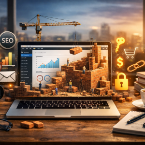 Laptop exibindo painel de blog sendo construído como uma estrutura de tijolos por pequenos trabalhadores, com ícones de SEO, links, vendas e segurança representando a construção de um blog profissional.