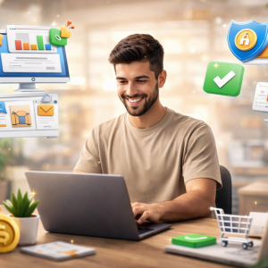 Jovem homem sorrindo enquanto trabalha em um laptop, cercado por ícones digitais relacionados a vendas online, marketing e finanças, com uma atmosfera profissional e moderna.