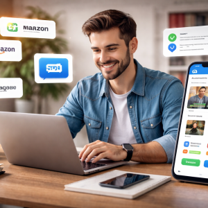 "Homem jovem trabalhando em marketing de afiliados, com laptop, smartphone, e ícones flutuantes das plataformas Amazon, Mercado Livre e Magalu."