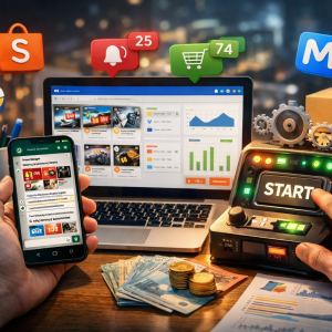 Afiliado usando smartphone e laptop para automatizar envio de ofertas em grupos de WhatsApp enquanto monitora vendas e notificações de e-commerce.