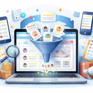 Ilustração de laptop exibindo página de produto com avaliações de clientes e estrelas enquanto reviews são importadas automaticamente de diferentes plataformas de e-commerce.