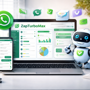 Imagem promocional do ZapTurboMax, uma ferramenta de automação para WhatsApp. A imagem mostra um laptop com a interface da ferramenta, gráficos e mensagens automatizadas, além de um smartphone com uma conversa aberta. O cenário é moderno, com ícones do WhatsApp e um robô assistente.