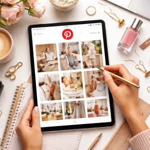 Pessoa utilizando smartphone e notebook com interface do Pinterest aberta, analisando produtos e estratégias de vendas online em um ambiente moderno e bem iluminado.